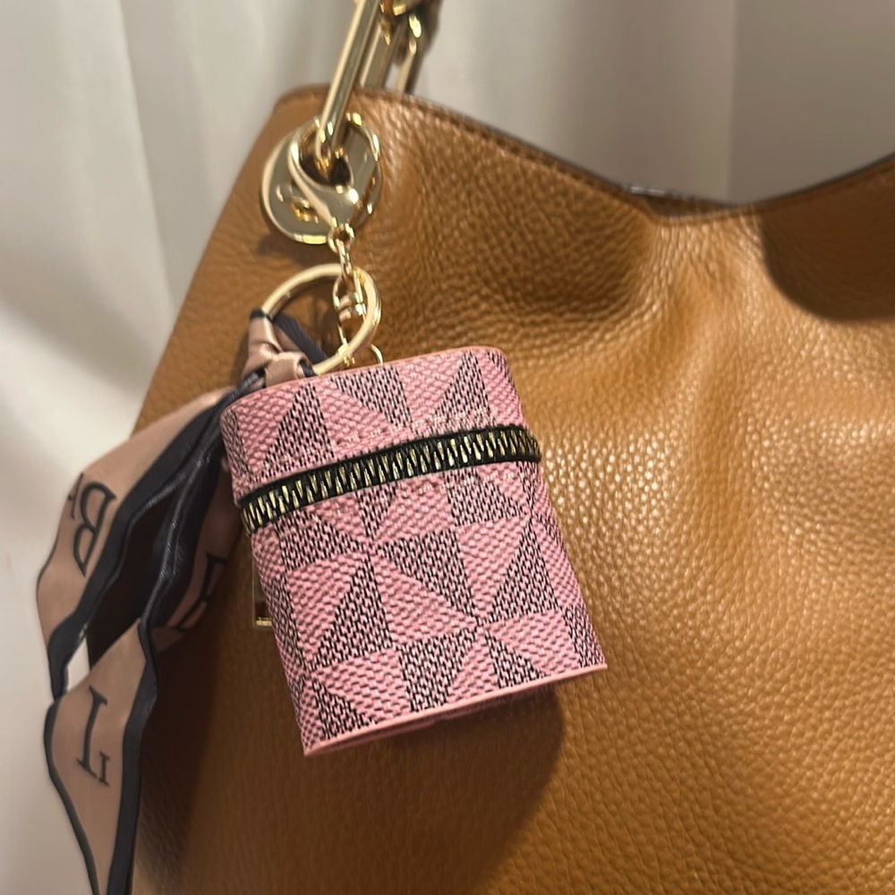 Pink and Tan Leather Mini Handbag with Scarf Keycharm Keychain Purse Acessory